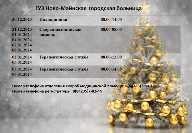 График работы ТОГБУЗ "ГКБ им.Арх.Луки г.Тамбова" в период c 31.12.2021 по 10.01.